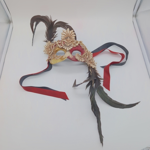 Katherine's Collection Ceramic Gold and Red Feathered Masquerade Mask - Picture 2 of 6